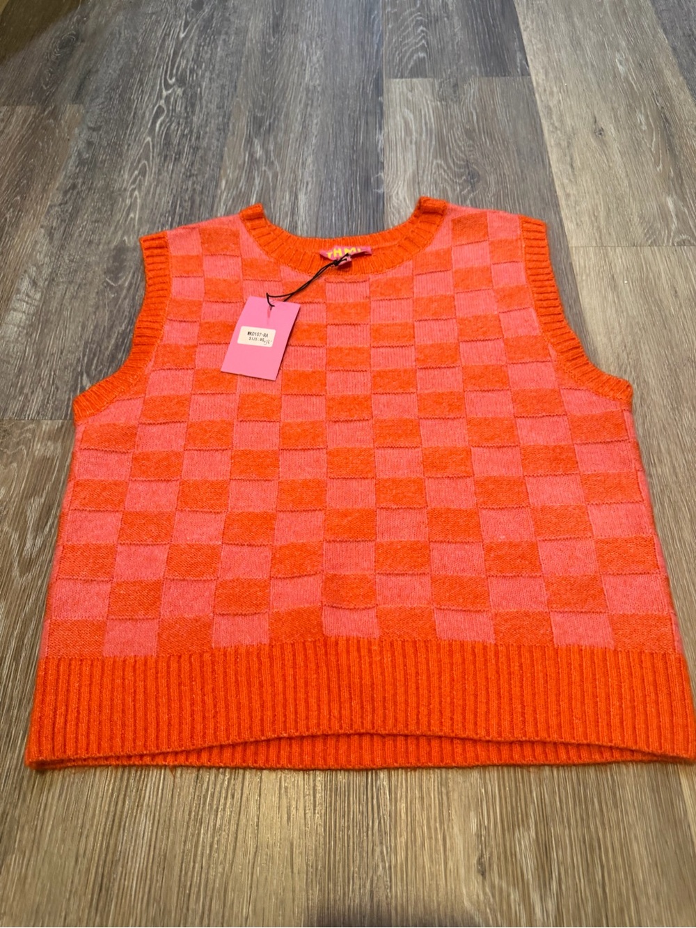 THML Pink and Orange Checker Knit V‑Neck Sweater Vest